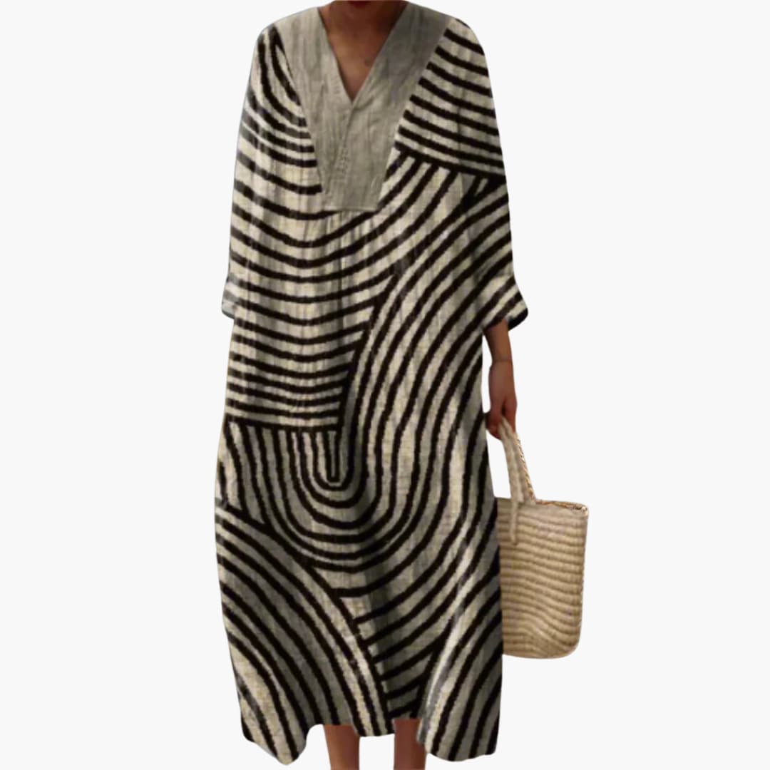 Women’s V-Neck Long Sleeve Maxi Dress – Contrast Panel Stripe