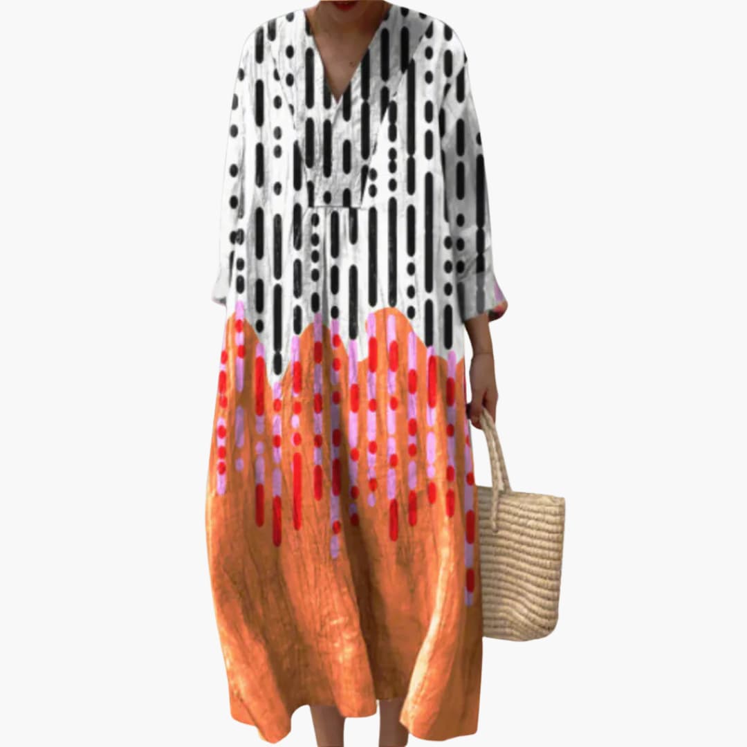 Women’s V-Neck Long Sleeve Ankle-Length Dress – Geometric Dot Print