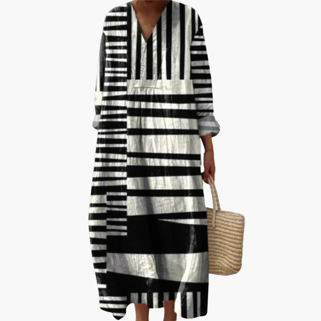 Women’s V-Neck Long Sleeve Ankle-Length Dress – Monochrome Stripe