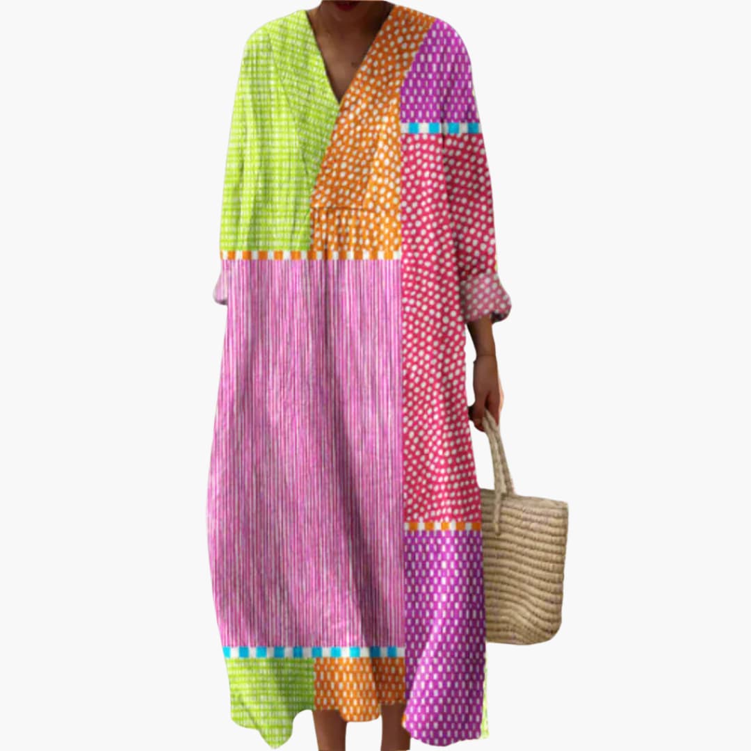 Women’s V-Neck Long Sleeve Midi Dress – Geometric Patchwork