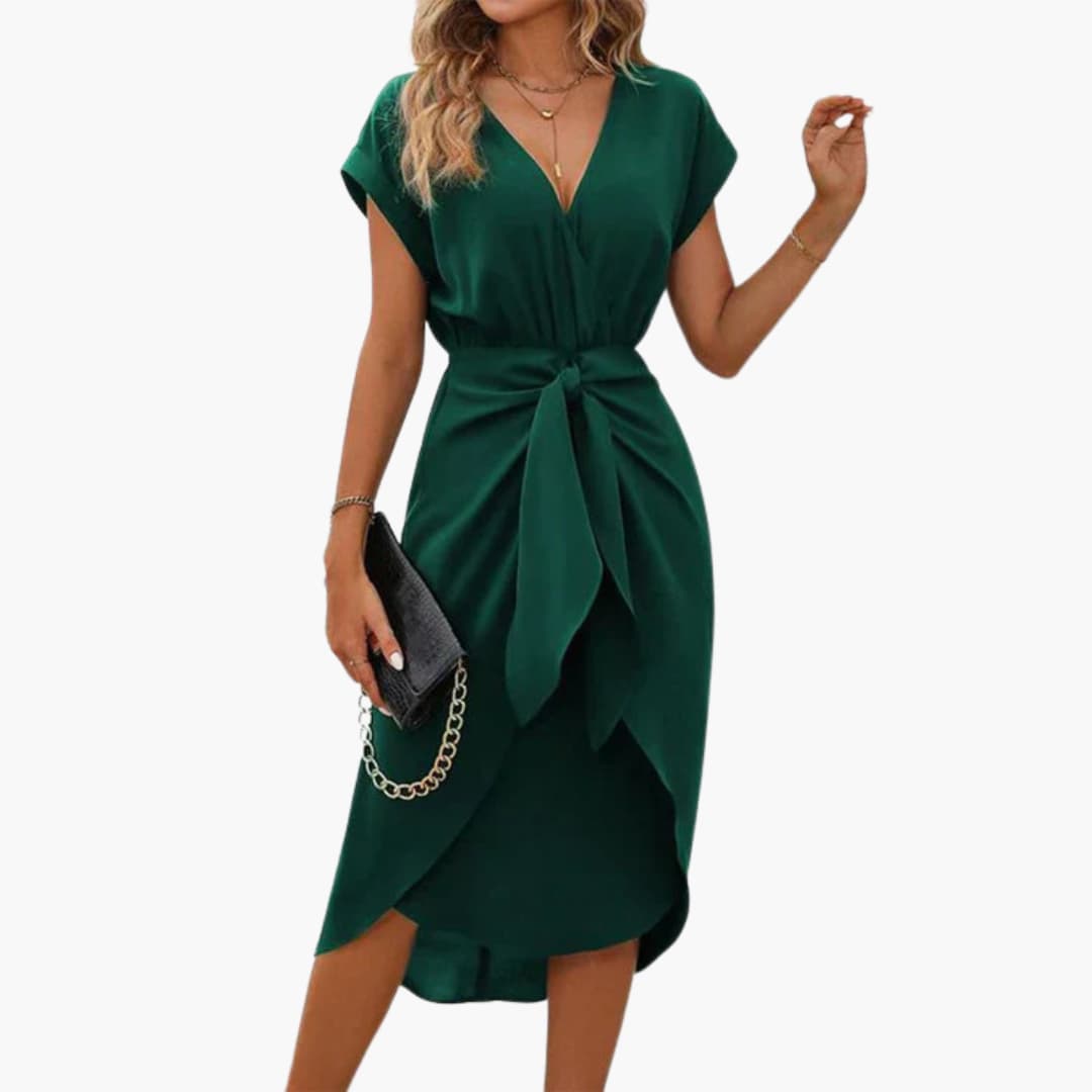 Women’s midi dress with V-neckline and tie waist