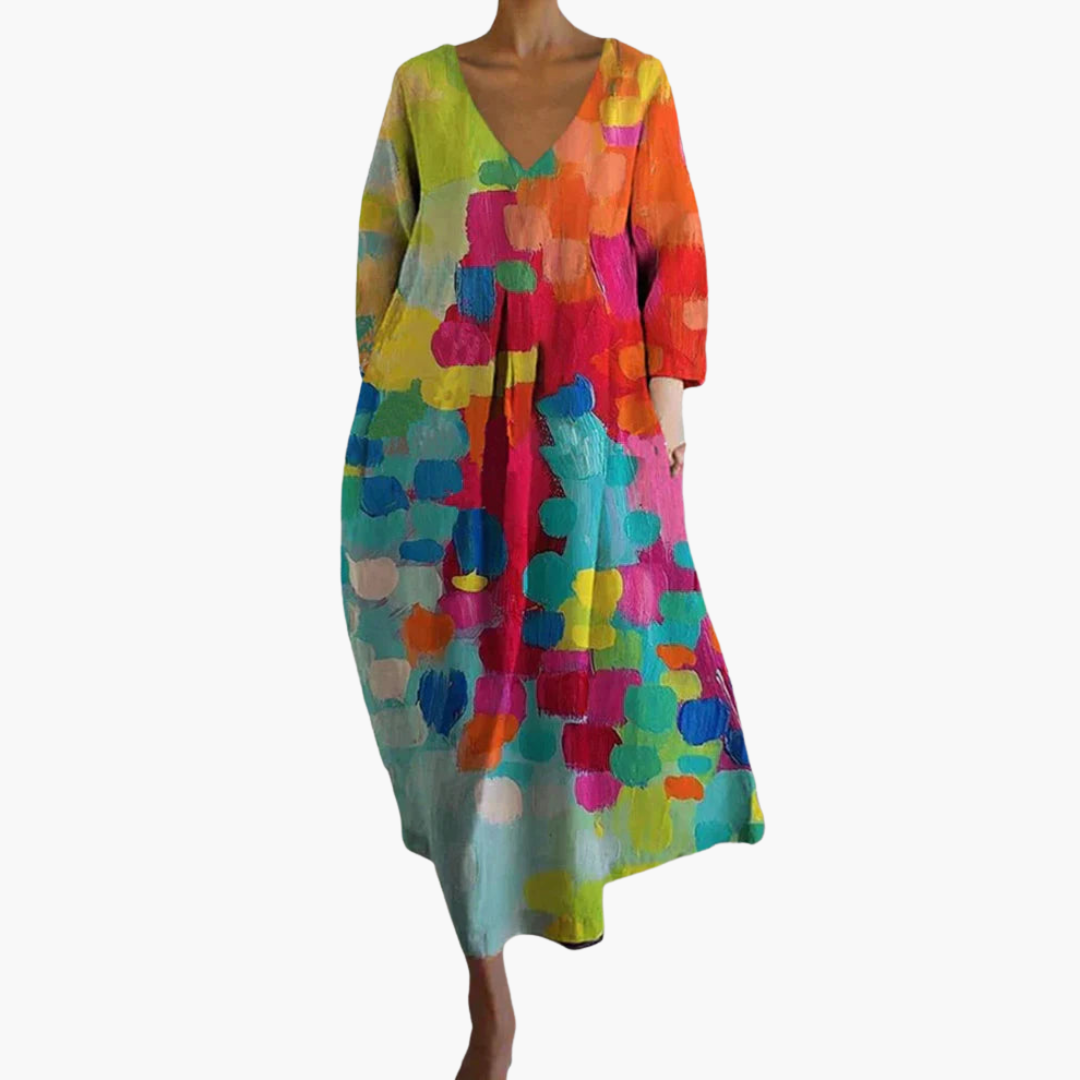 Women’s Summer Dress with V-Neck and Printed Design