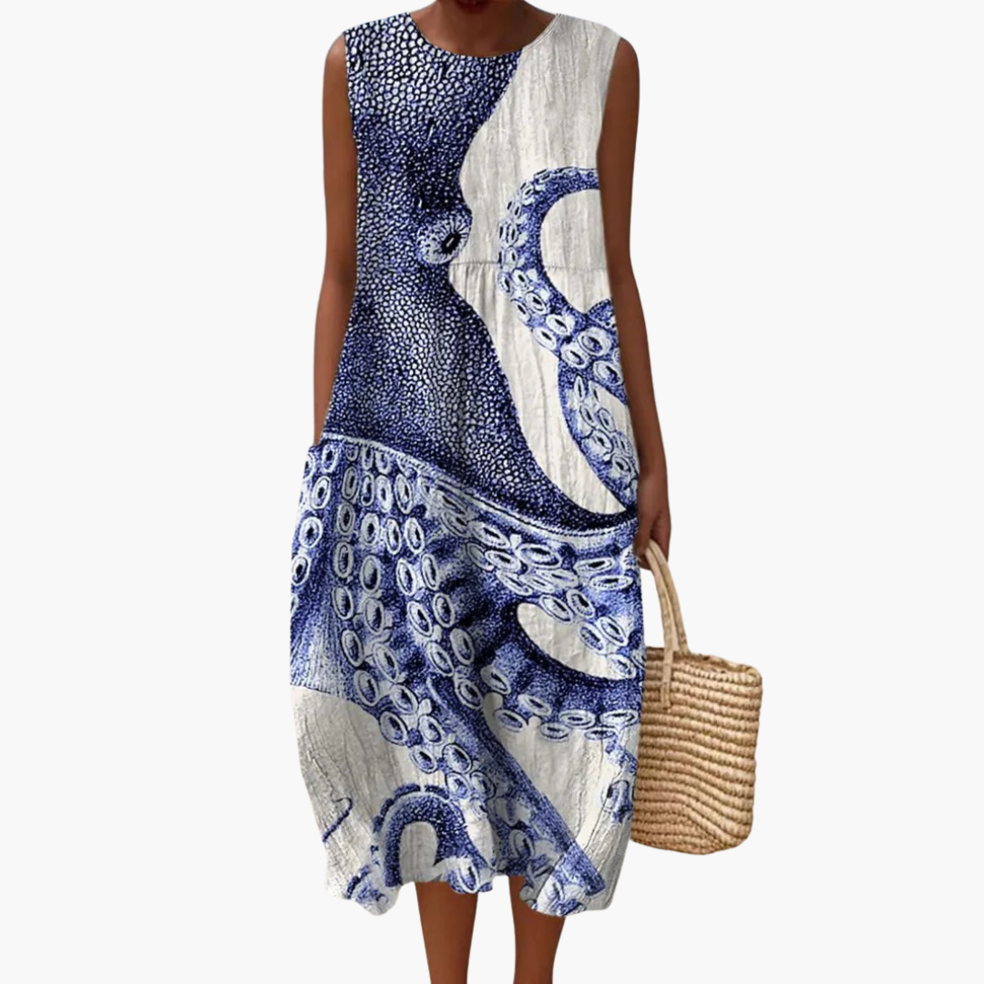 Women’s Round Neck Sleeveless Midi Dress with Tie-Back