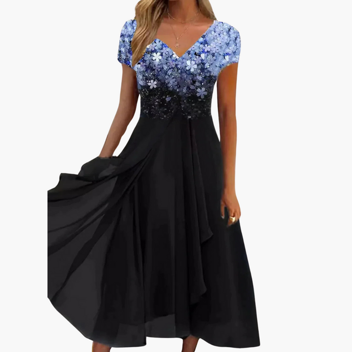 Women’s Midi Dress with V Neckline and Draped Skirt