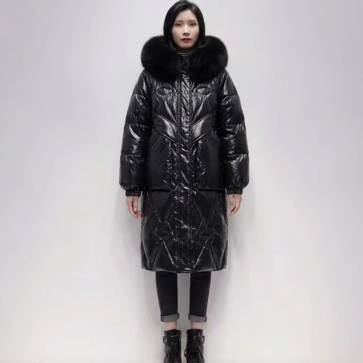 Women’s Long Quilted Puffer Coat with Plush Fur Collar