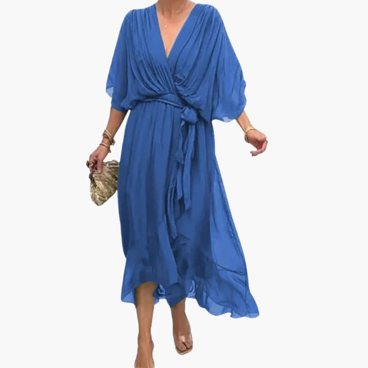 Women’s Midi Dress with Wrap Bodice and Waist Tie