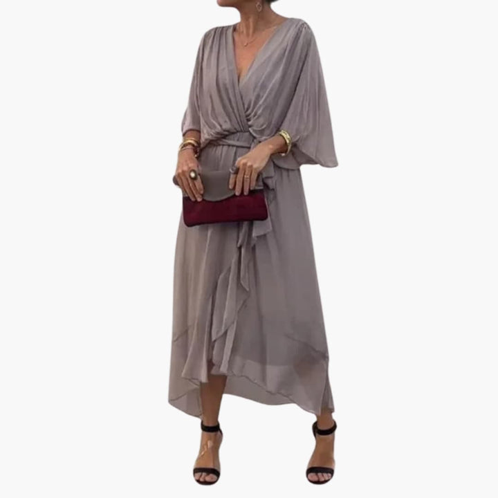 Women’s Midi Dress with Wrap Bodice and Waist Tie