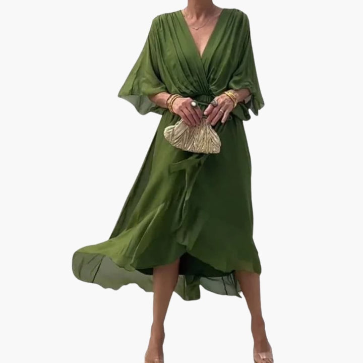 Women’s Midi Dress with Wrap Bodice and Waist Tie