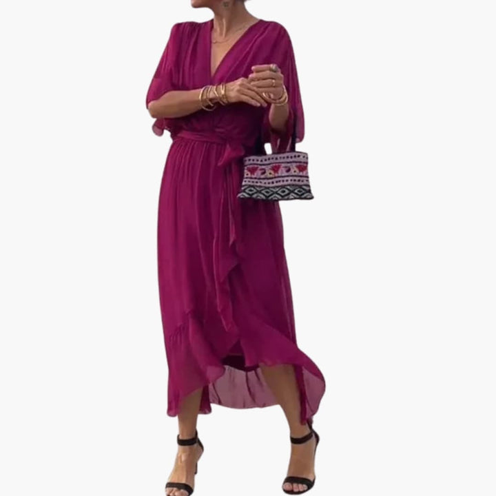 Women’s Midi Dress with Wrap Bodice and Waist Tie