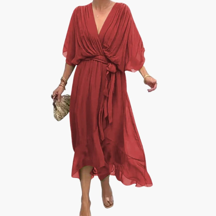 Women’s Midi Dress with Wrap Bodice and Waist Tie