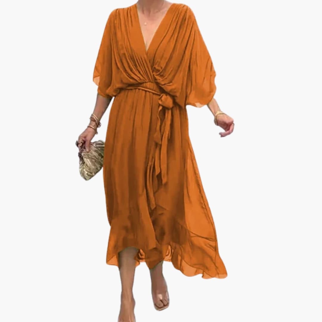 Women’s Midi Dress with Wrap Bodice and Waist Tie