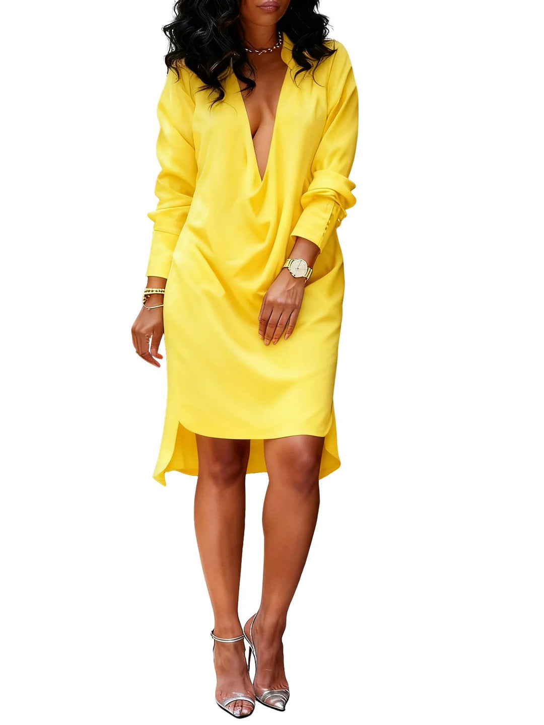 Women’s Casual Shirt Dress with Deep V-Neckline and Long Sleeves
