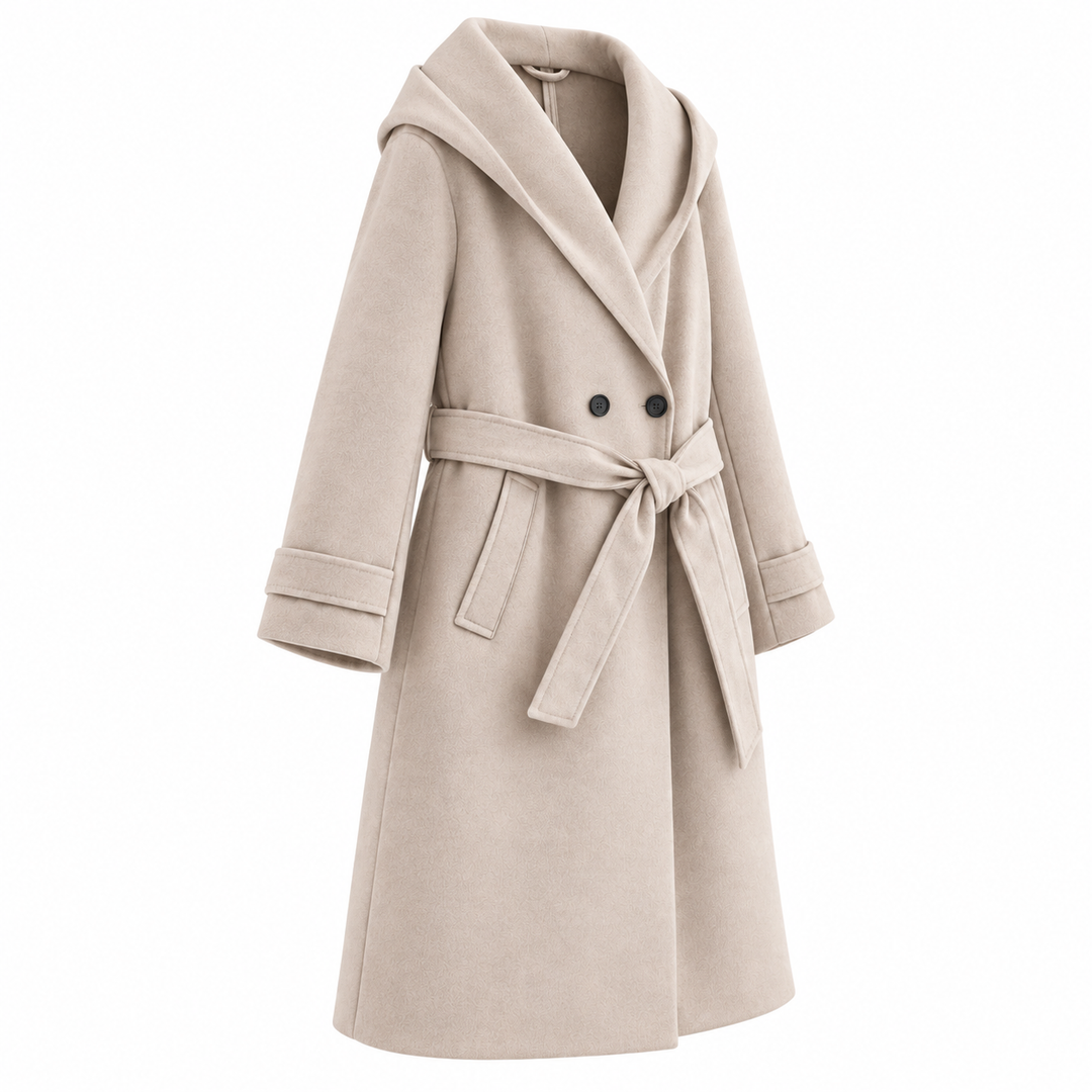 Women’s Hooded Double-Breasted Belted Long Coat