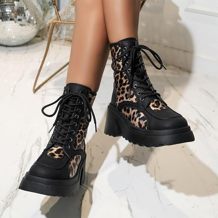 Women’s Lace-up Winter Boots with Scalloped Block Heel and Platform Sole