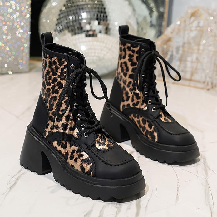 Women’s Lace-up Winter Boots with Scalloped Block Heel and Platform Sole