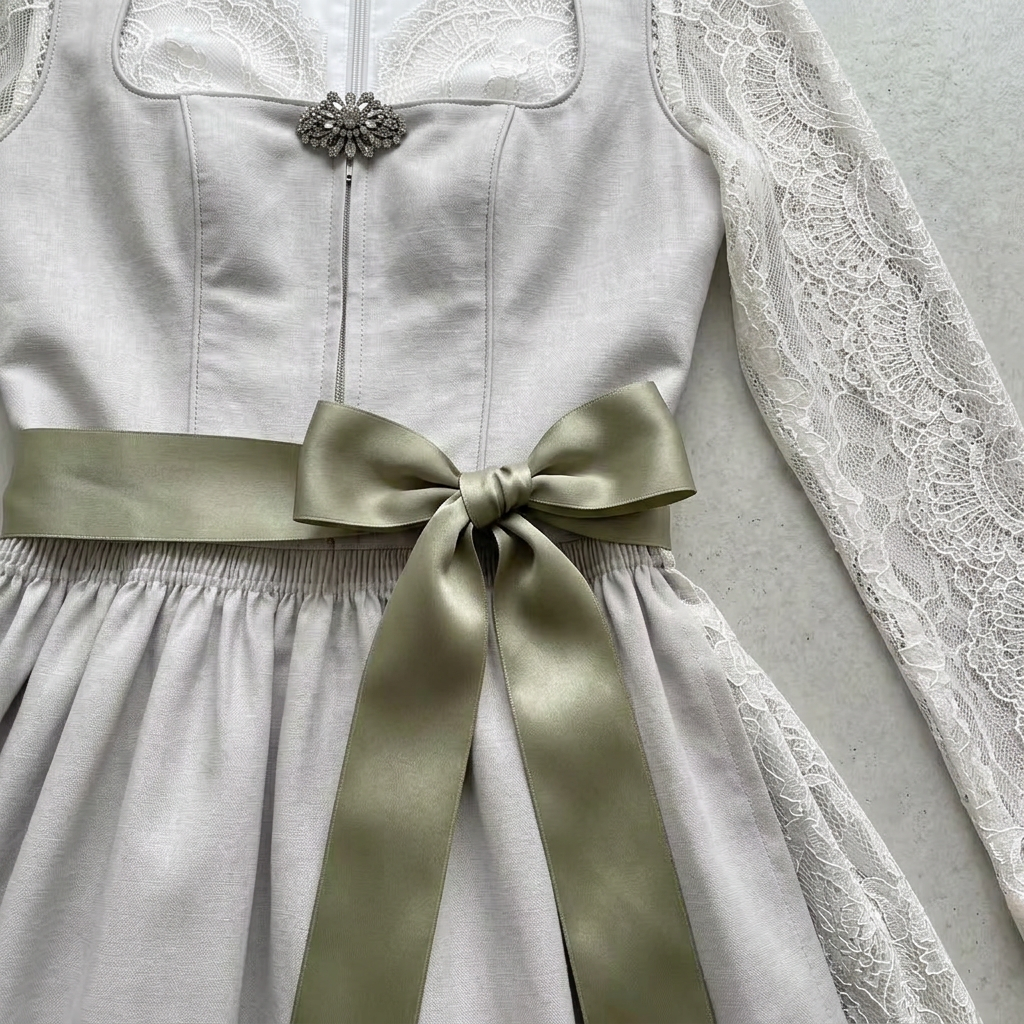 Women’s Lace Sleeve Square-Neck Bow-Waist Midi Dress