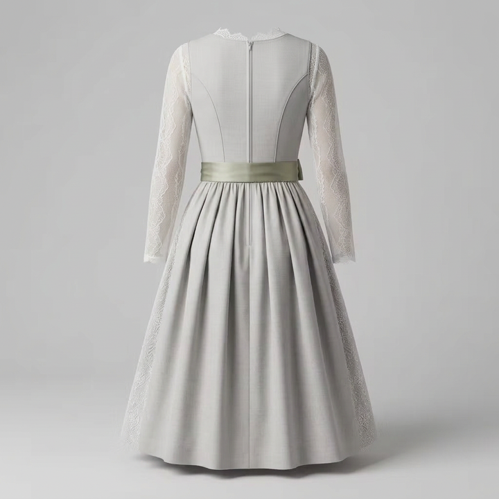 Women’s Lace Sleeve Square-Neck Bow-Waist Midi Dress