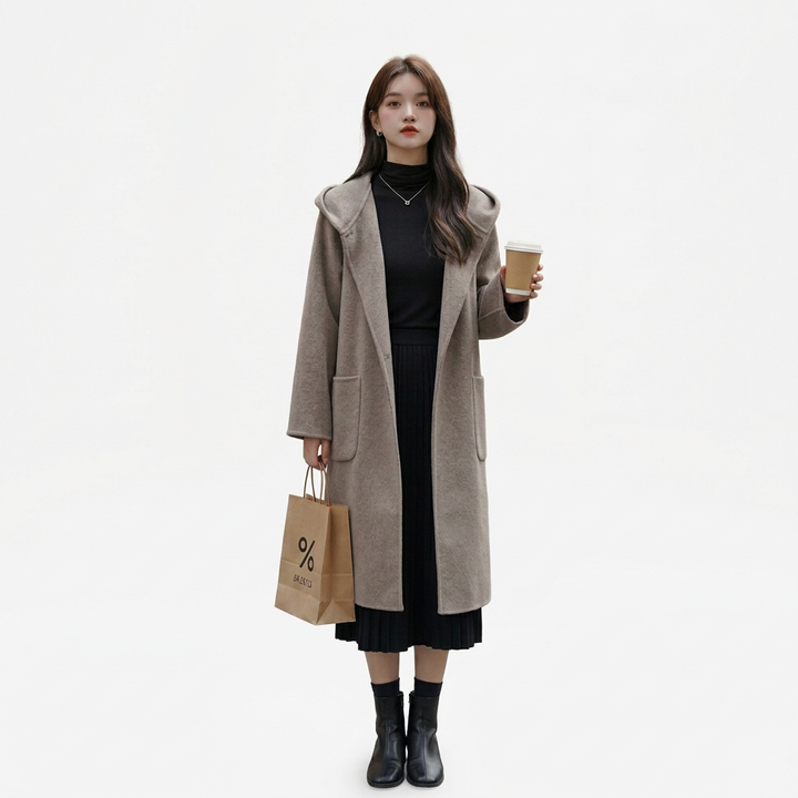 Women’s Long Hooded Coat with Patch Pockets