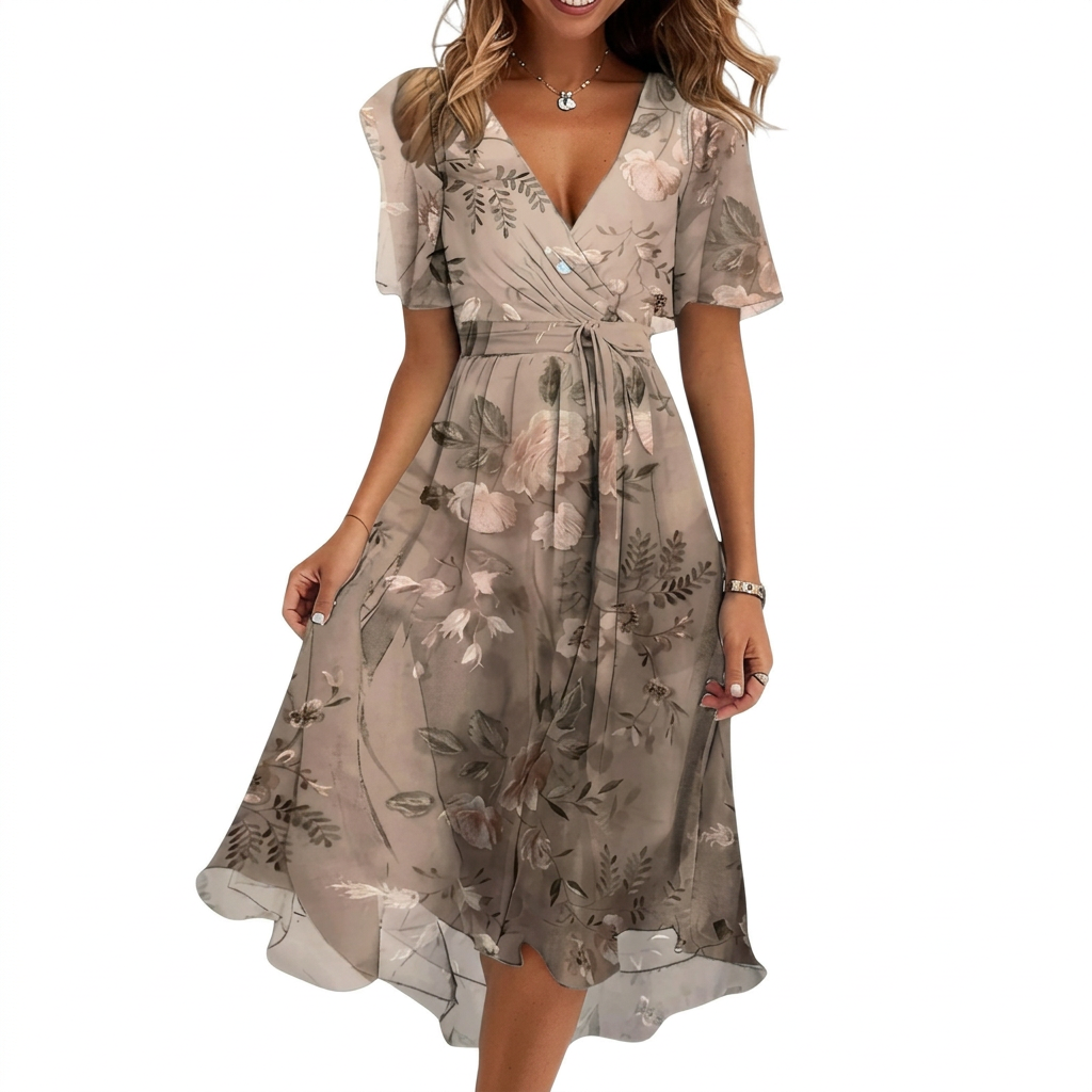 Women’s Midi Dress with Flutter Sleeves and High-Low Hem
