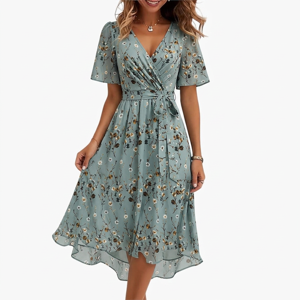 Women’s Midi Dress with Flutter Sleeves and High-Low Hem