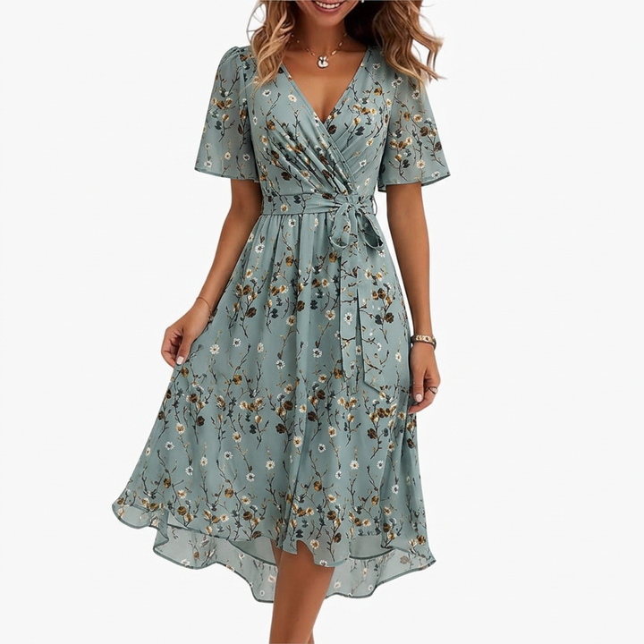 Women’s Midi Dress with Flutter Sleeves and High-Low Hem