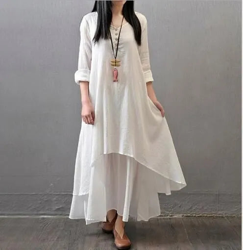 Women’s Maxi Dress with Asymmetric Hem and Long Sleeves