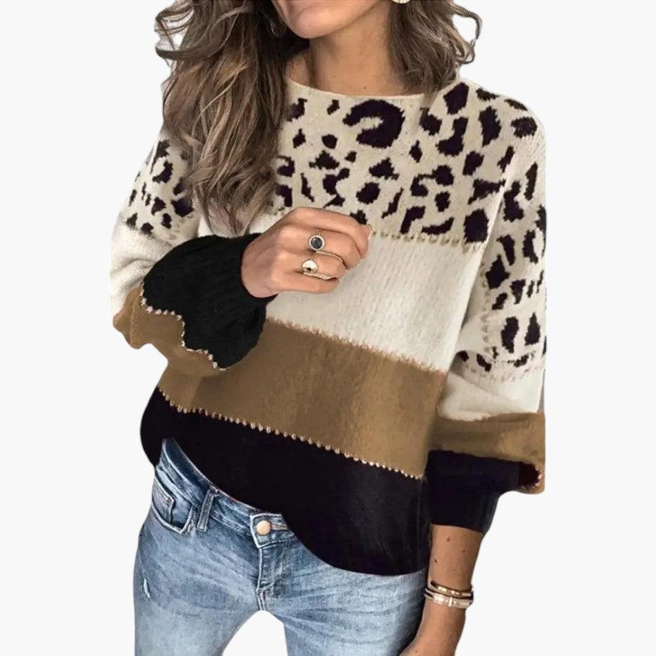 Women’s Knit Sweater with Leopard Print and Long Sleeves
