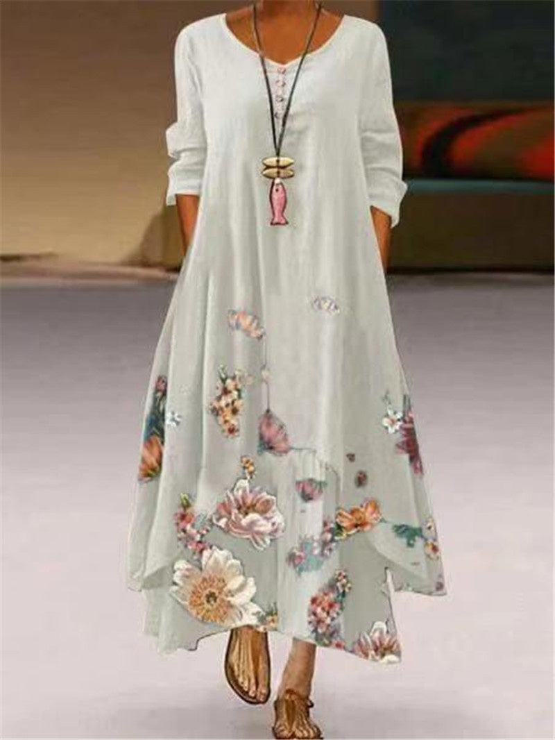 Women’s Maxi Dress with Asymmetric Hem and Long Sleeves