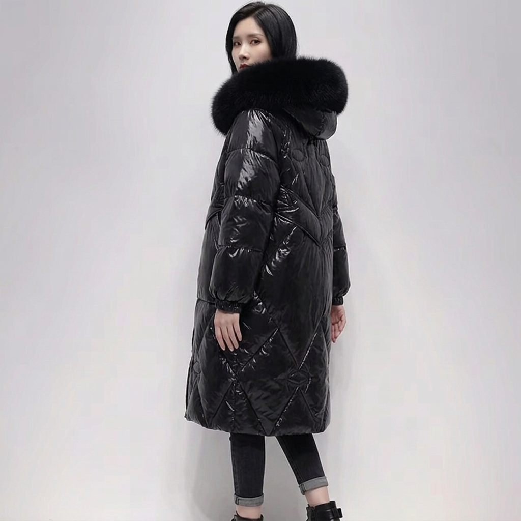 Women’s Long Quilted Puffer Coat with Plush Fur Collar