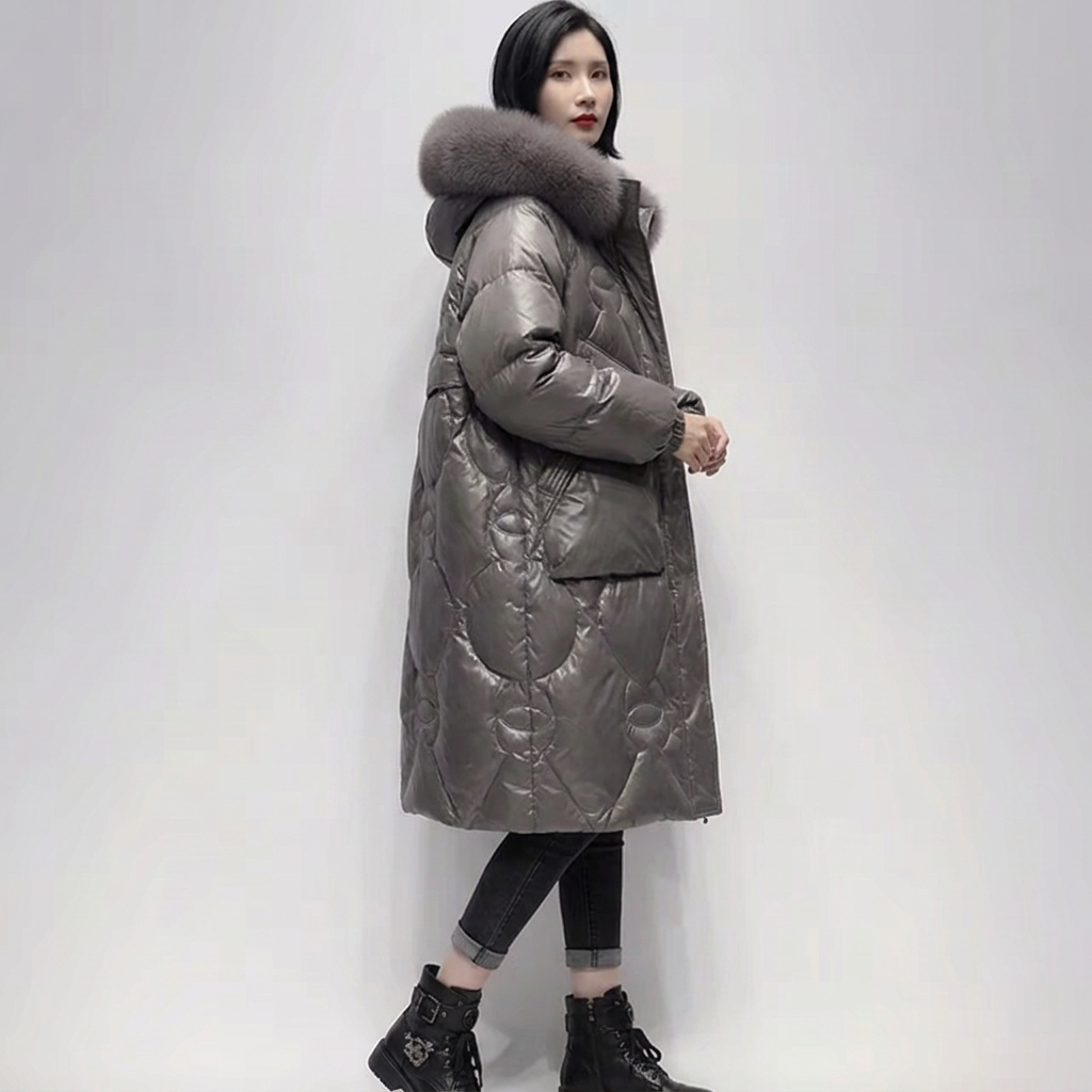 Women’s Long Quilted Puffer Coat with Plush Fur Collar