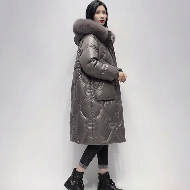 Women’s Long Quilted Puffer Coat with Plush Fur Collar