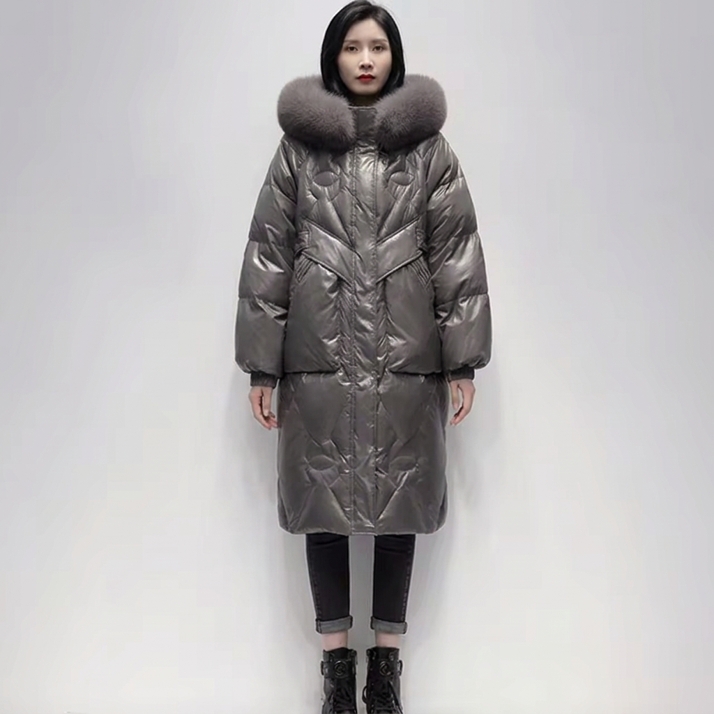 Women’s Long Quilted Puffer Coat with Plush Fur Collar