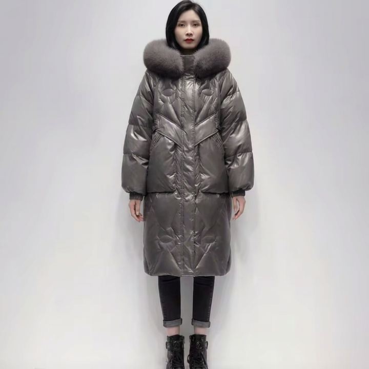 Women’s Long Quilted Puffer Coat with Plush Fur Collar