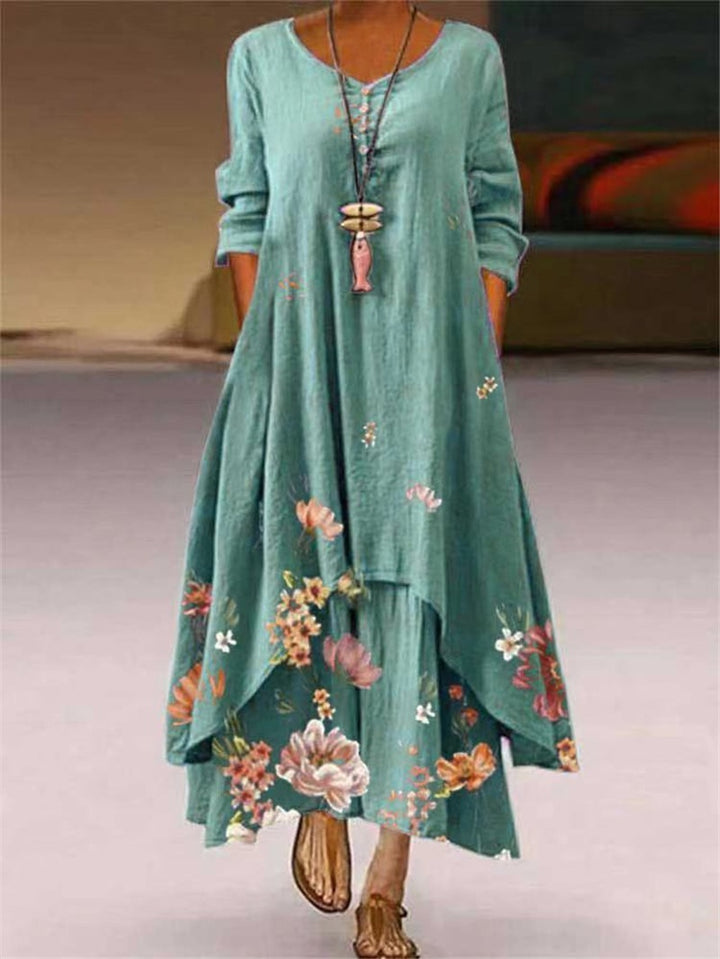 Women’s Maxi Dress with Asymmetric Hem and Long Sleeves