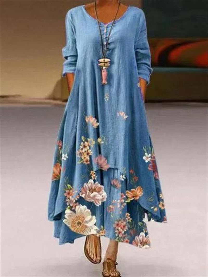Women’s Maxi Dress with Asymmetric Hem and Long Sleeves
