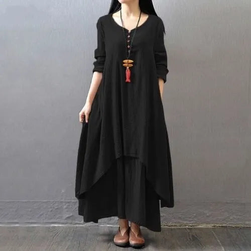 Women’s Maxi Dress with Asymmetric Hem and Long Sleeves