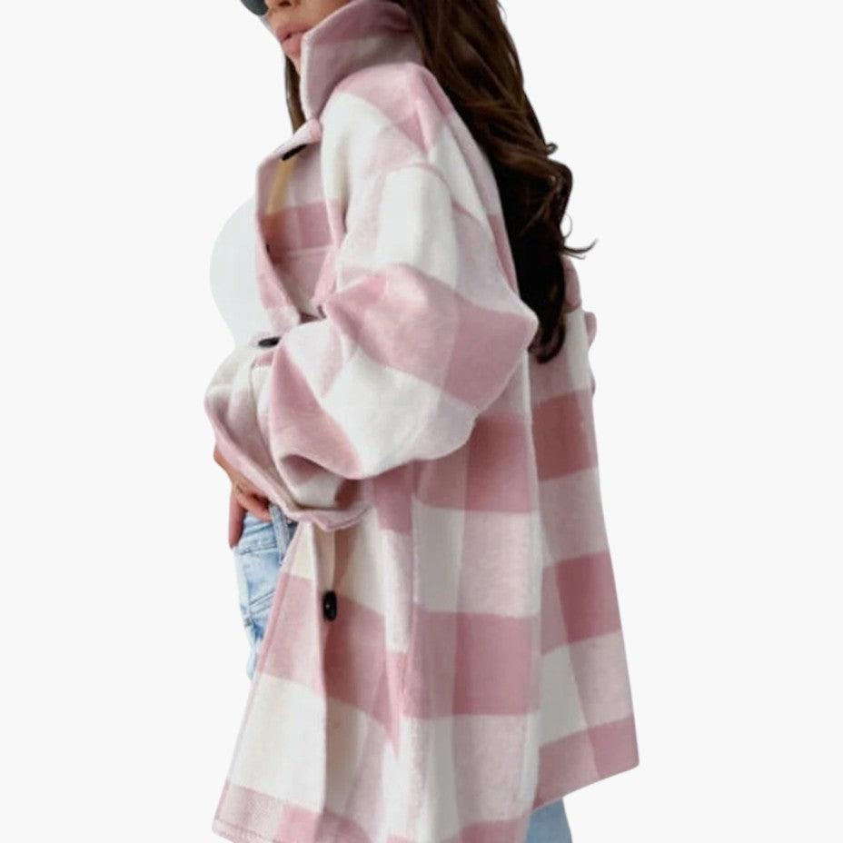 Women’s Flannel Shirt Jacket with Button-Up Front and Plaid Pattern