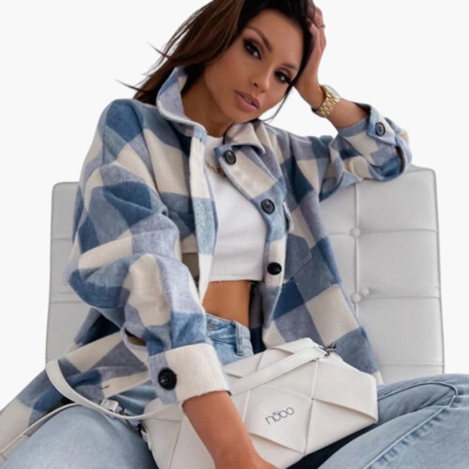 Women’s Flannel Shirt Jacket with Button-Up Front and Plaid Pattern