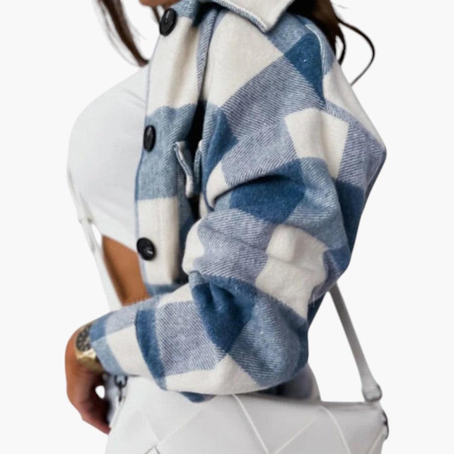 Women’s Flannel Shirt Jacket with Button-Up Front and Plaid Pattern